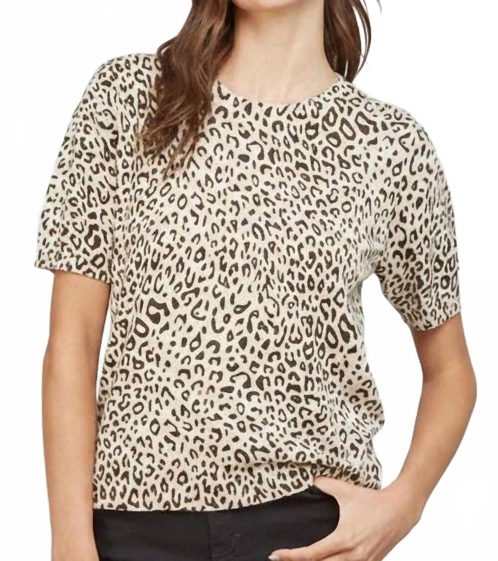 NEW FATE izzy short sleeve animal print sweater in taupe brown